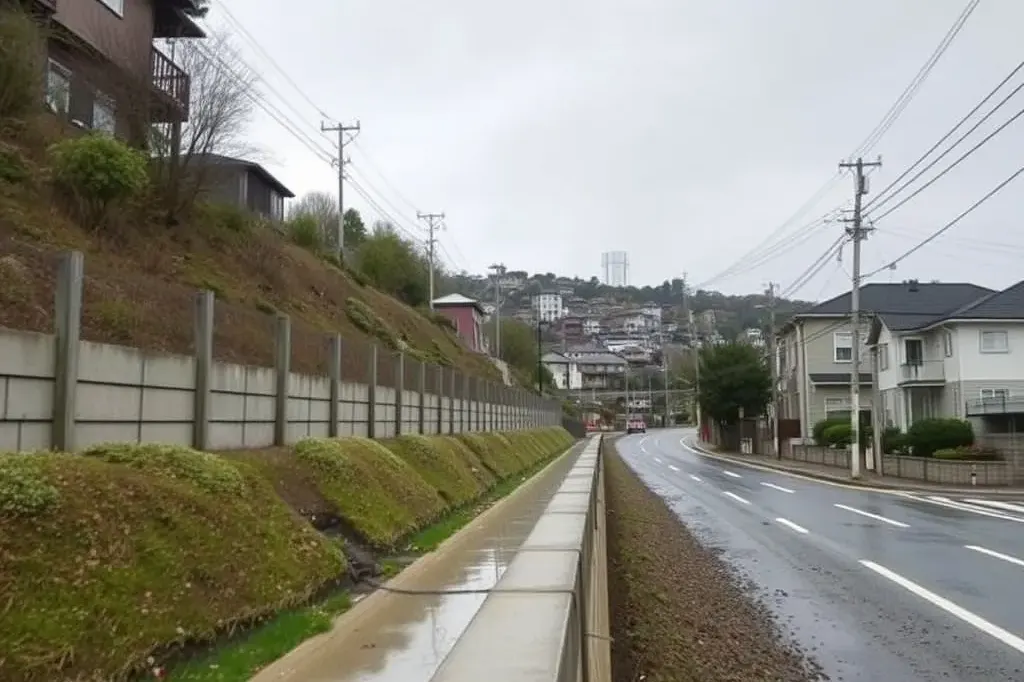 雨上がりの斜面の住宅地と排水路・擁壁（AIで作成したイメージ）