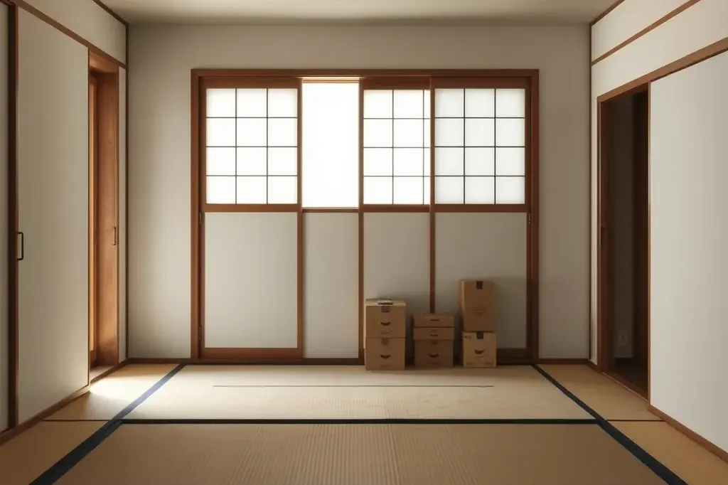 段ボールが積まれた空いた和室（AIで作成したイメージ）