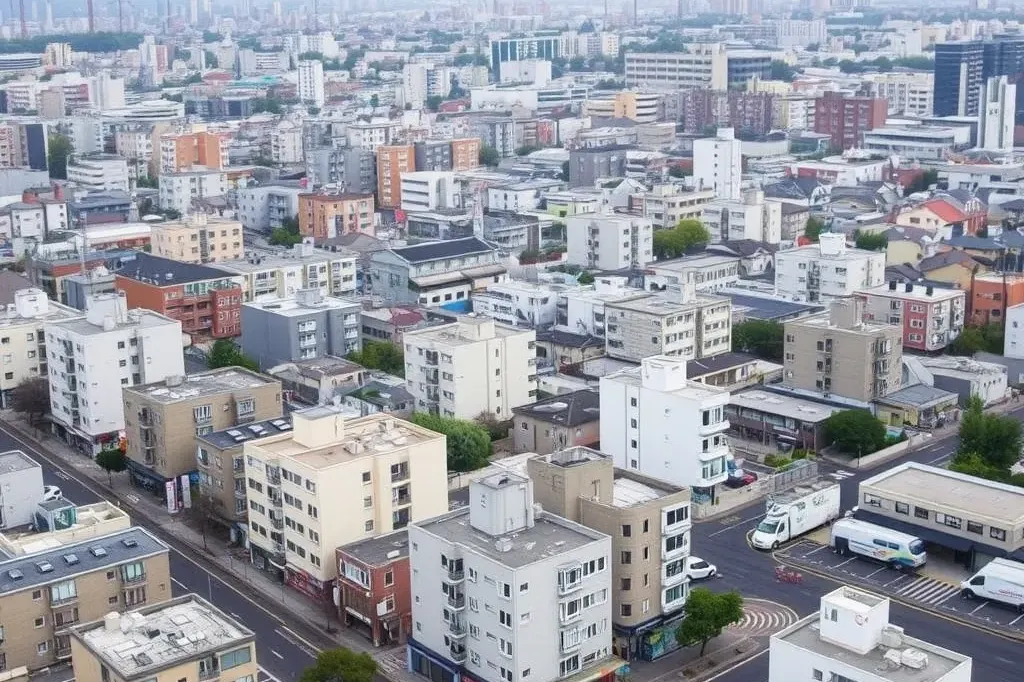 住宅や店が混ざる街並みを上から見た風景(AIで作成したイメージ)