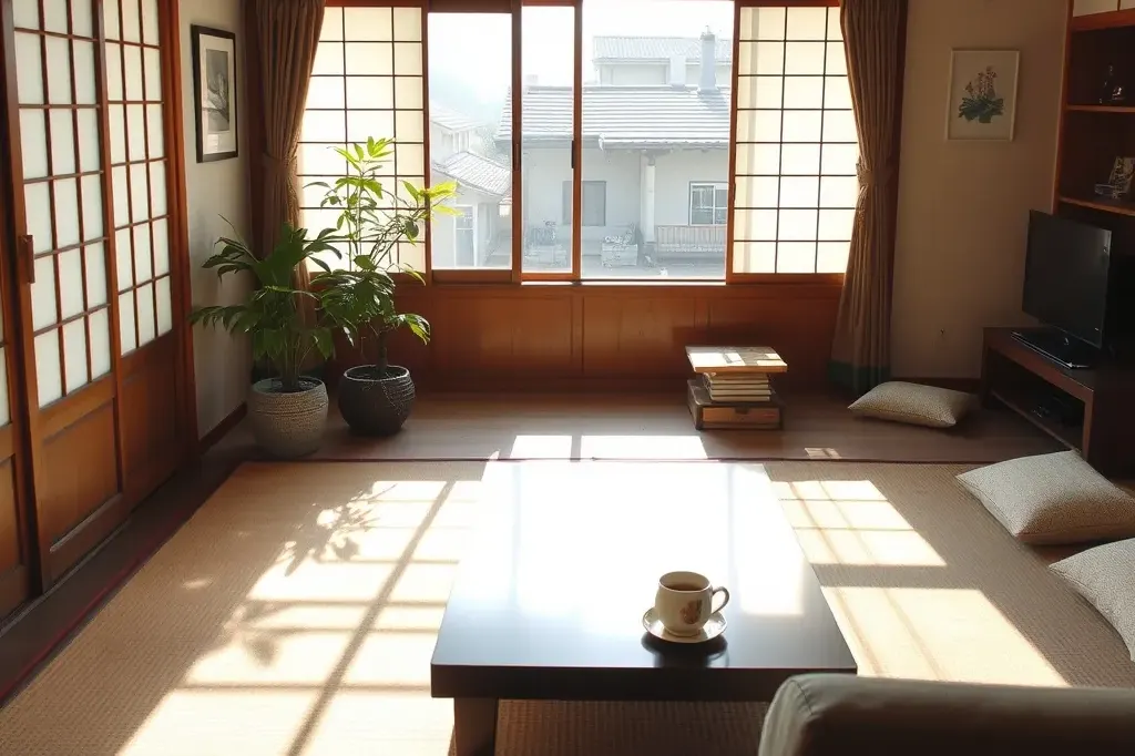 日の差す和室の居間とお茶（AIで作成したイメージ）