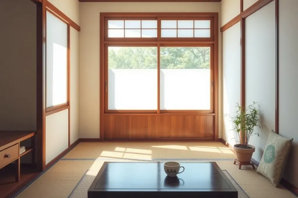 日の差す和室の居間とお茶(AIで作成したイメージ)