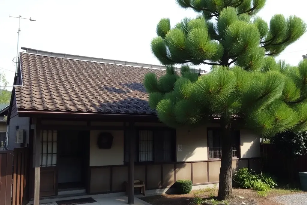 松の木がある瓦屋根の古い実家（AIで作成したイメージ）
